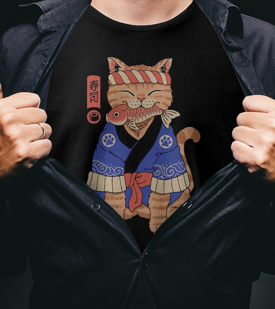 Sushi Cat In Traditional Japanese Outfit With Fish And Kanji T-Shirt