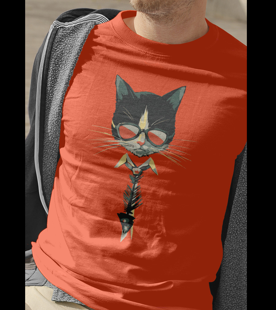 Bibisama CAT With Sunglasses And Fish Skeleton Tie T-Shirt