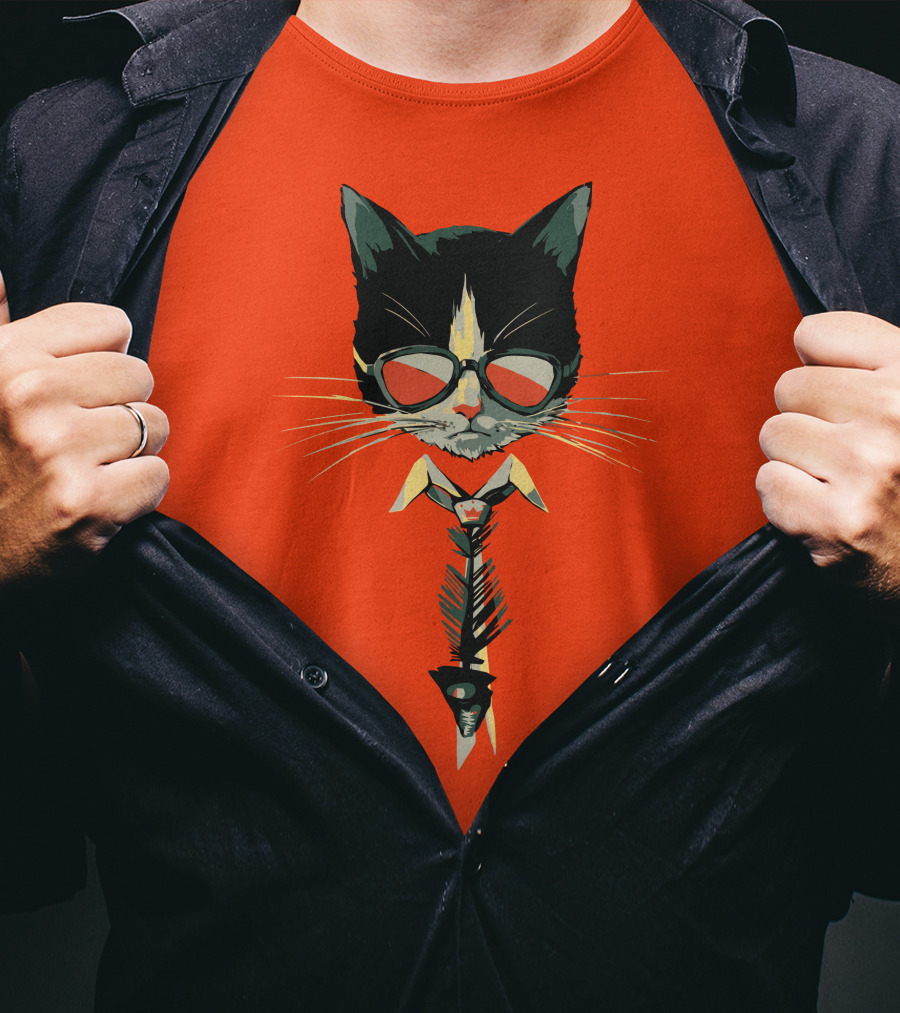 Bibisama CAT With Sunglasses And Fish Skeleton Tie T-Shirt