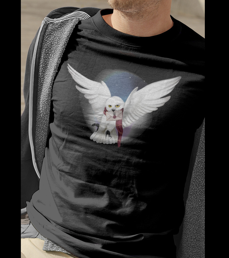 Snowy White Owl With Letter And Red Scarf In Starry Sky T-Shirt