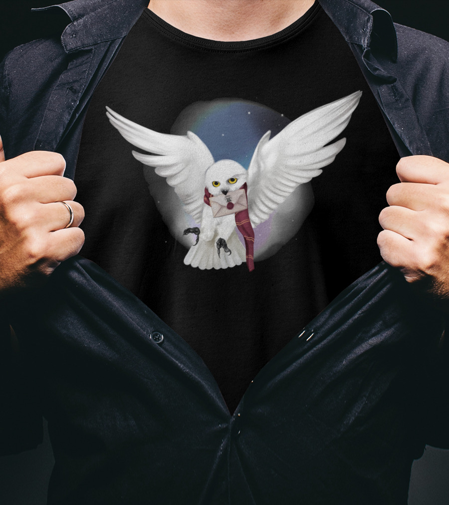 Snowy White Owl With Letter And Red Scarf In Starry Sky T-Shirt