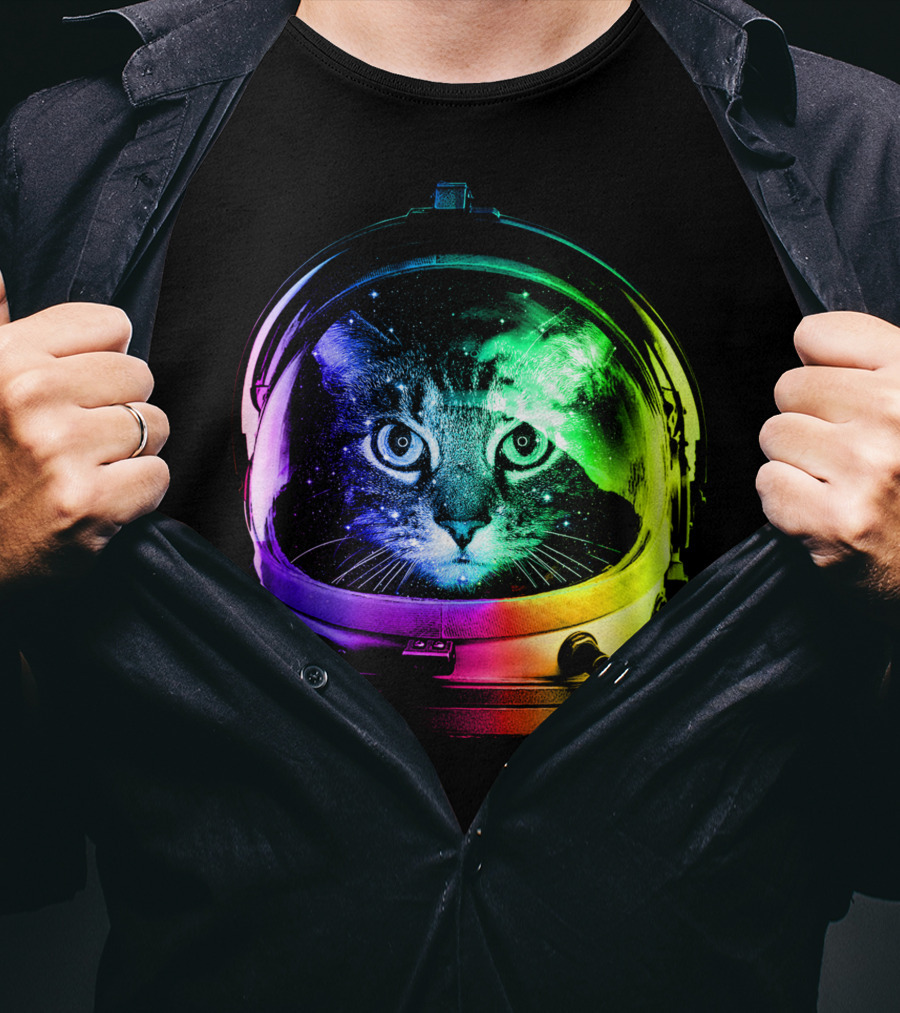 Astronaut Cat Classic Funny Cat In Space Helmet With Rainbow Glow T-Shirt