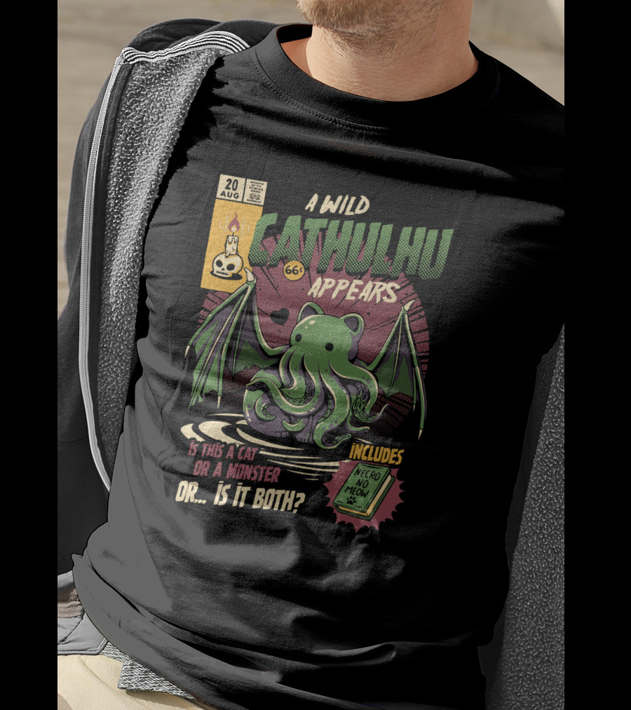 A Wild Cathulhu Appears Cat Or Monster Includes Necro No Meow T-Shirt
