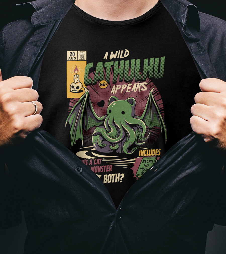 A Wild Cathulhu Appears Cat Or Monster Includes Necro No Meow T-Shirt