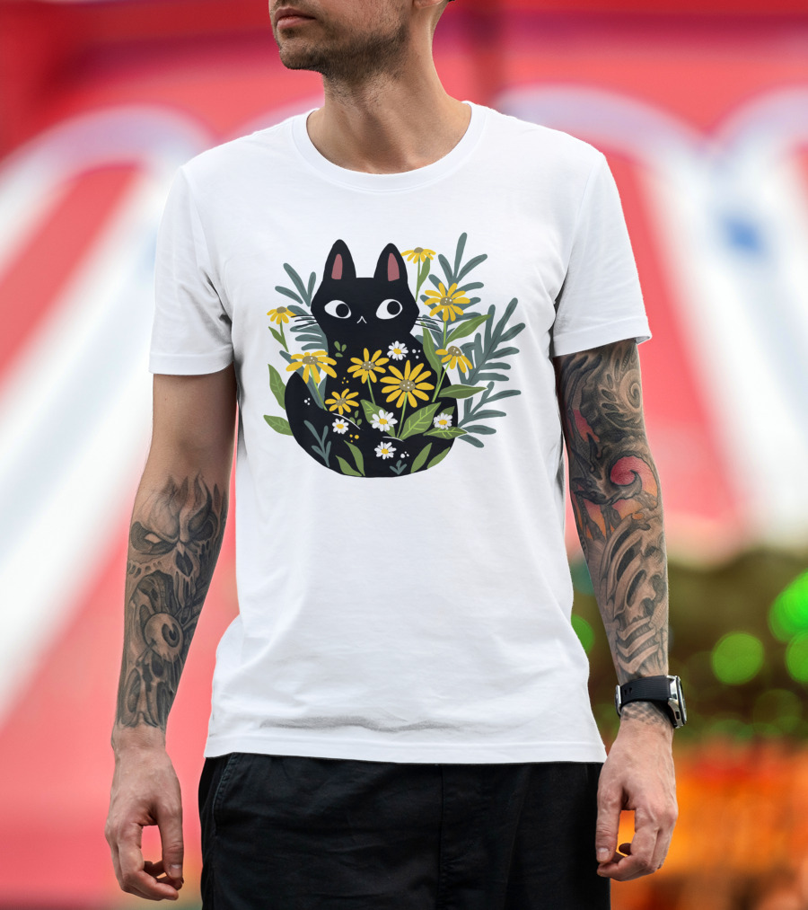 Black Cat with Flowers Essential Cute Funny Cat Illustration Floral T-Shirt