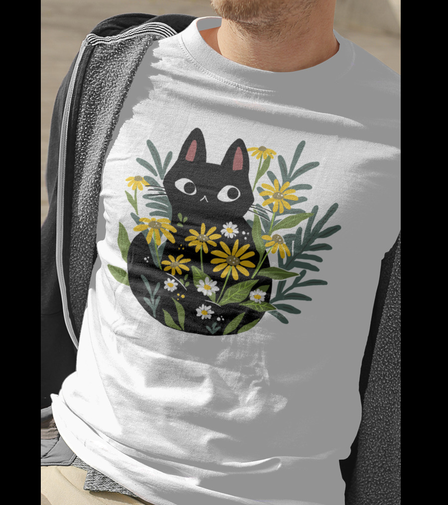 Black Cat With Flowers Essential Cute Funny Cat Illustration Floral T-Shirt