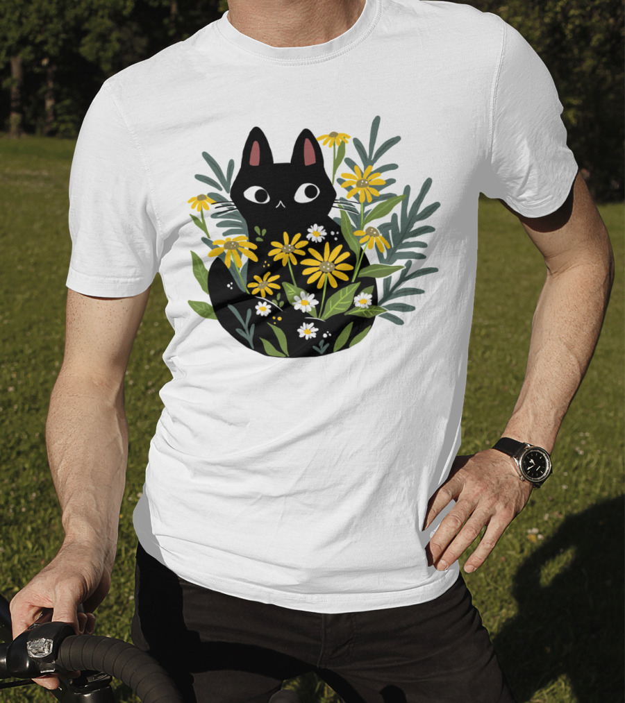 Black Cat With Flowers Essential Cute Funny Cat Illustration Floral T-Shirt