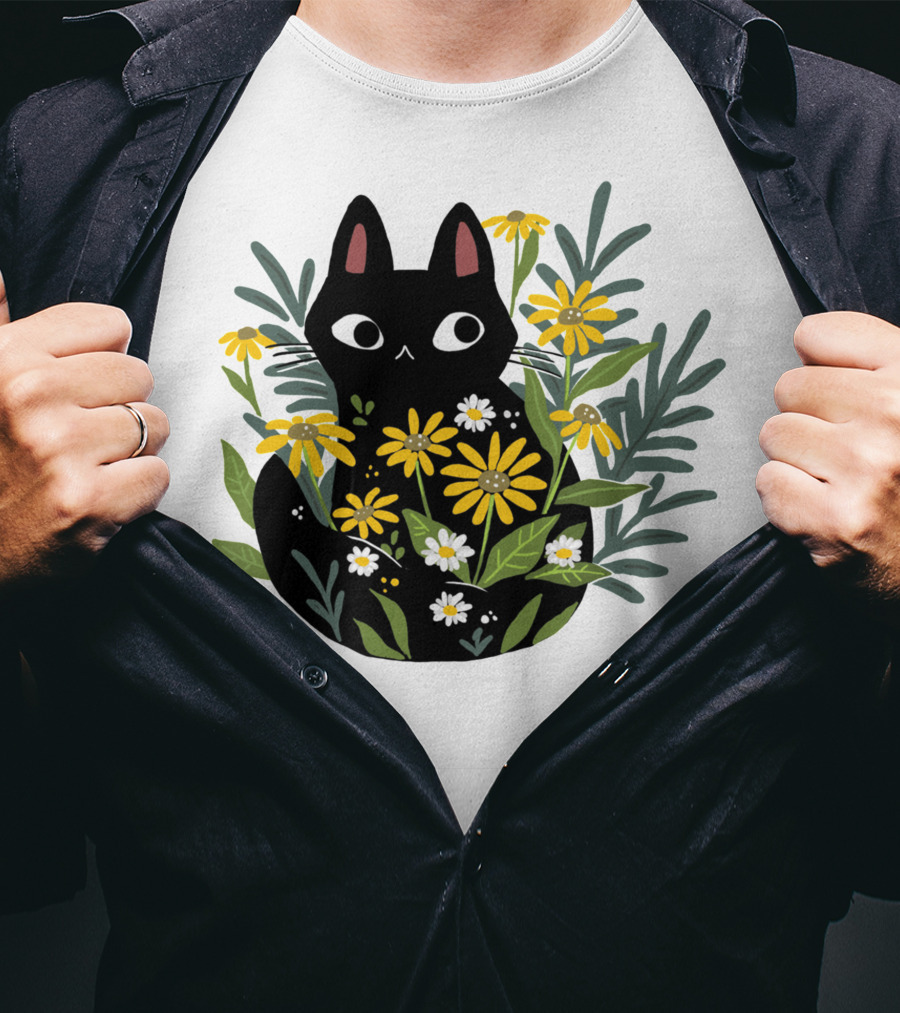 Black Cat With Flowers Essential Cute Funny Cat Illustration Floral T-Shirt