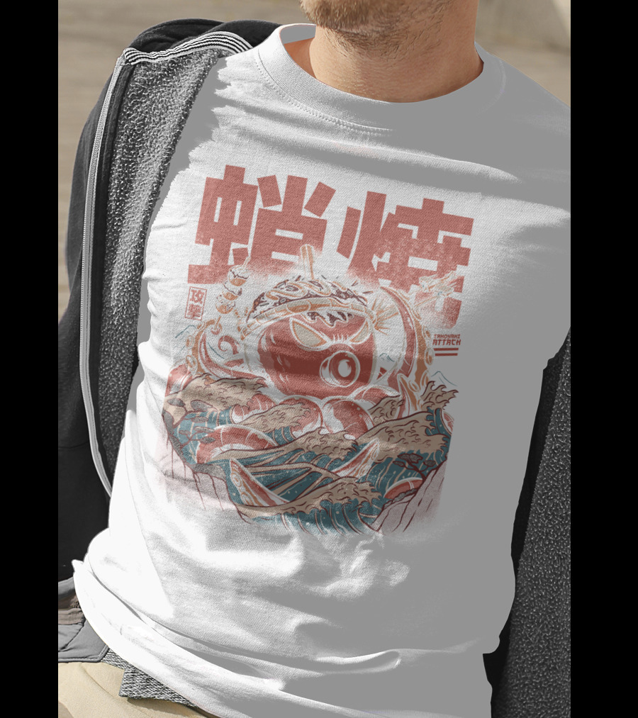 Takoyaki Attack Black Version Active Octopus Waves Kanji Sea T-Shirt