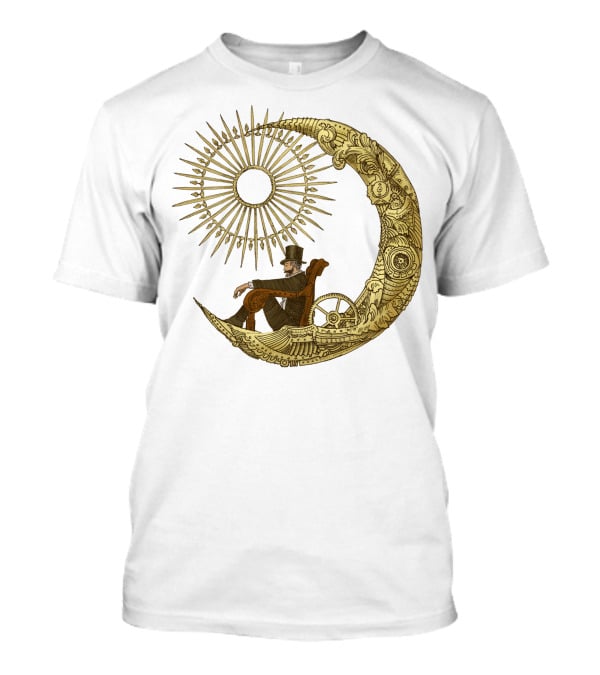 Victorian Gentleman On Ornate Crescent Moon With Sunburst - Moon Travel T-Shirt