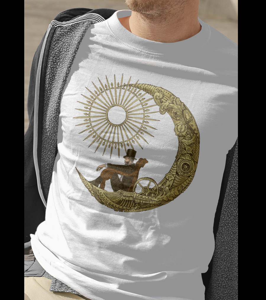 Victorian Gentleman On Ornate Crescent Moon With Sunburst - Moon Travel T-Shirt