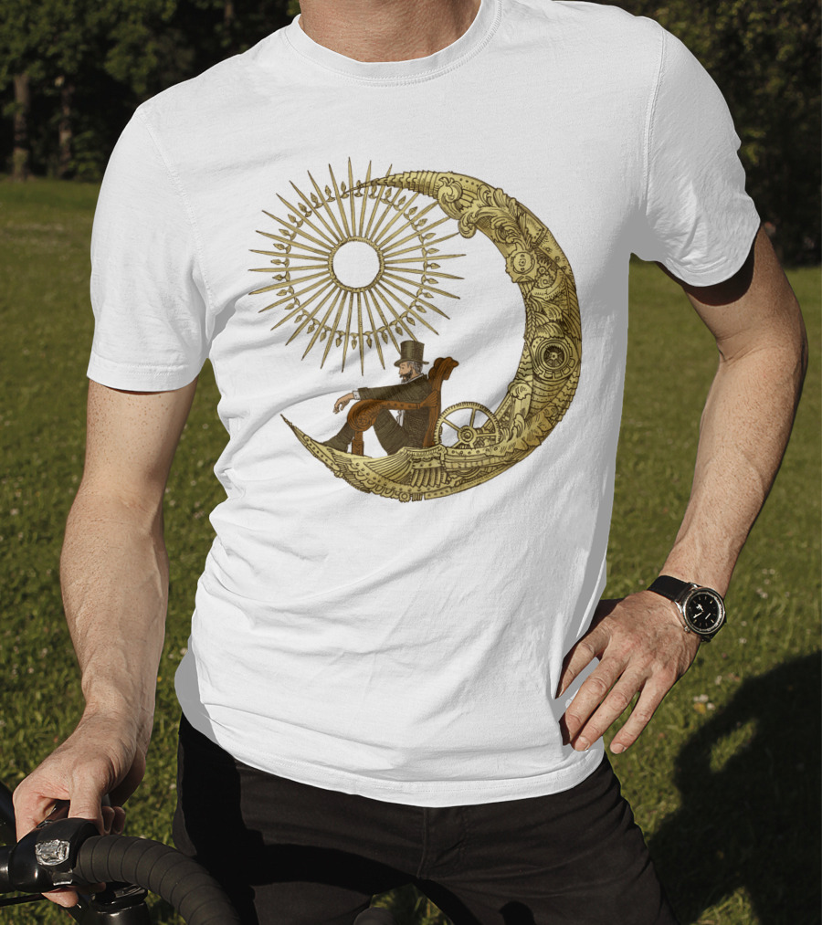 Victorian Gentleman On Ornate Crescent Moon With Sunburst - Moon Travel T-Shirt