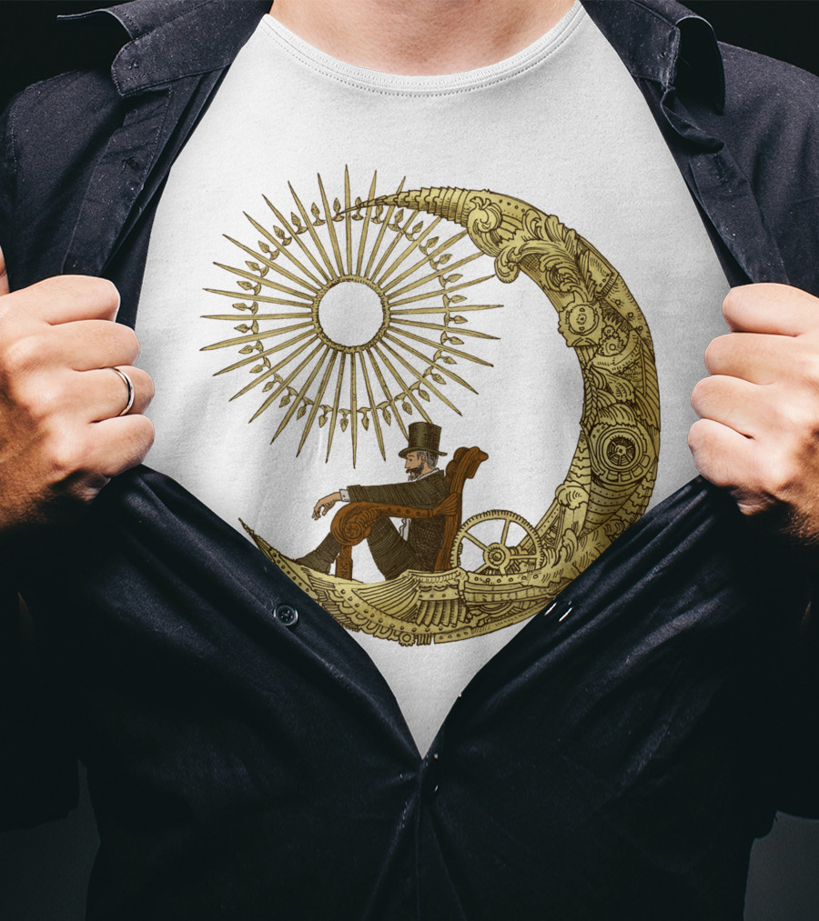 Victorian Gentleman On Ornate Crescent Moon With Sunburst - Moon Travel T-Shirt