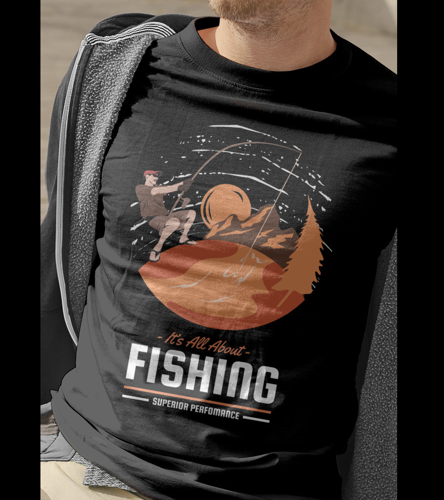 All About Fishing Superior Performance With Mountain And Sunset Scene T-Shirt