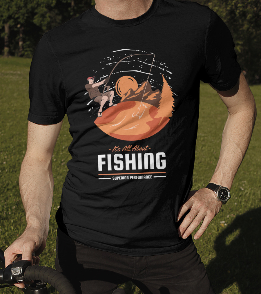 All About Fishing Superior Performance With Mountain And Sunset Scene T-Shirt