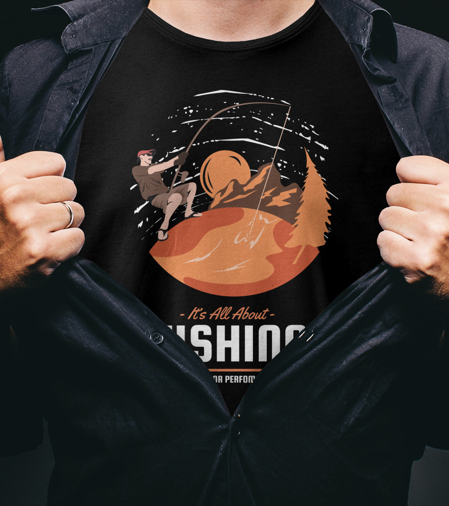 All About Fishing Superior Performance With Mountain And Sunset Scene T-Shirt