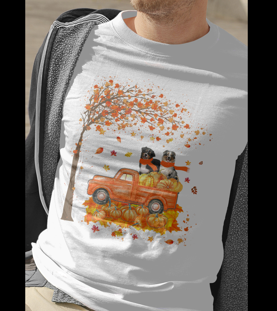 Australian Shepherds With Pumpkins On Orange Truck In Autumn Scene T-Shirt