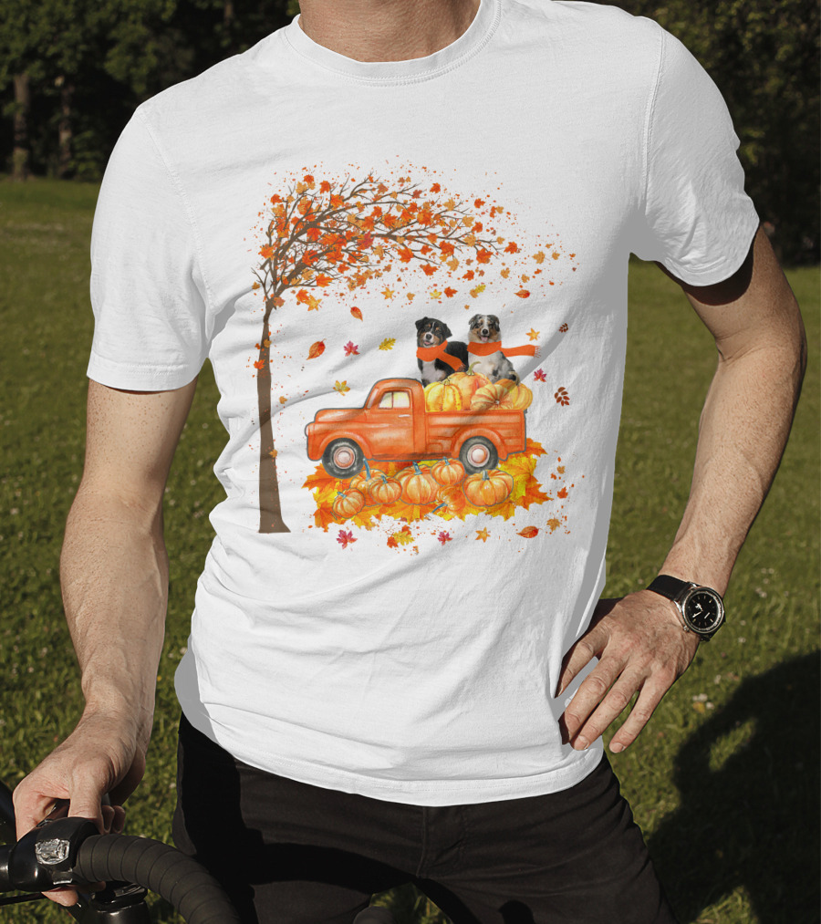 Australian Shepherds With Pumpkins On Orange Truck In Autumn Scene T-Shirt