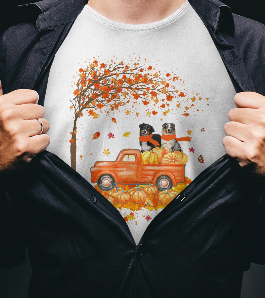 Australian Shepherds With Pumpkins On Orange Truck In Autumn Scene T-Shirt