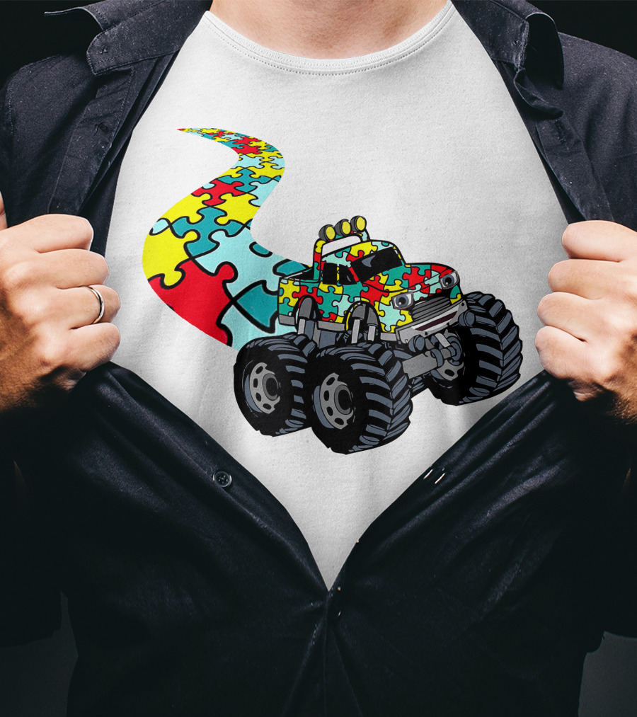 Autism Awareness Puzzle Piece Monster Truck For Boys T-Shirt