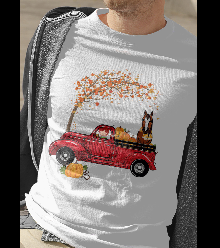 Autumn Fall Season Red Truck Horse Pumpkins Thanksgiving Day T-Shirt