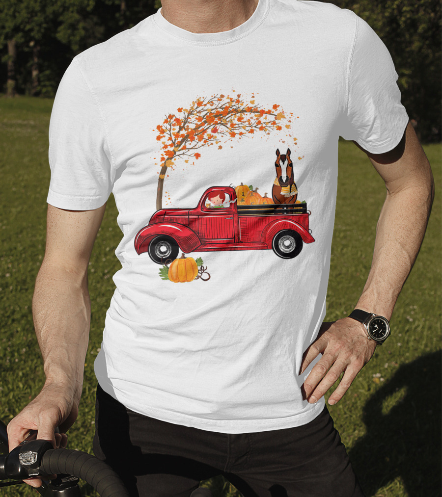 Autumn Fall Season Red Truck Horse Pumpkins Thanksgiving Day T-Shirt