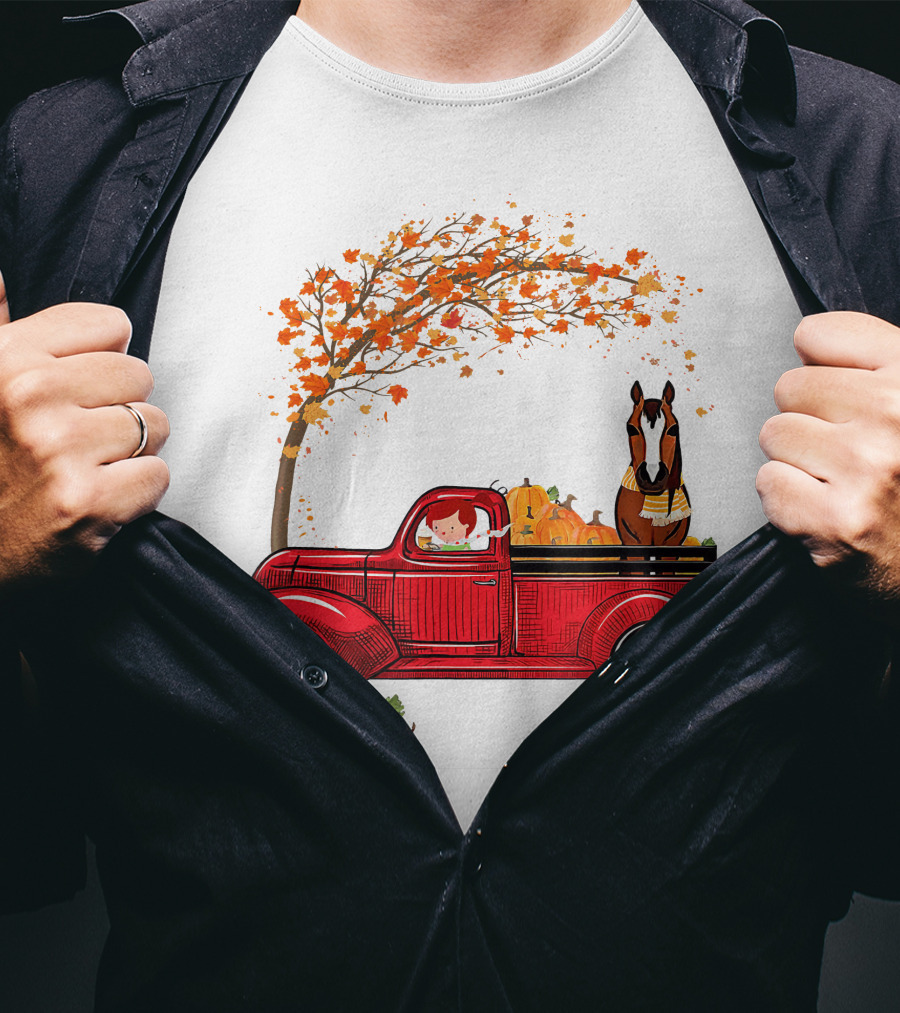 Autumn Fall Season Red Truck Horse Pumpkins Thanksgiving Day T-Shirt