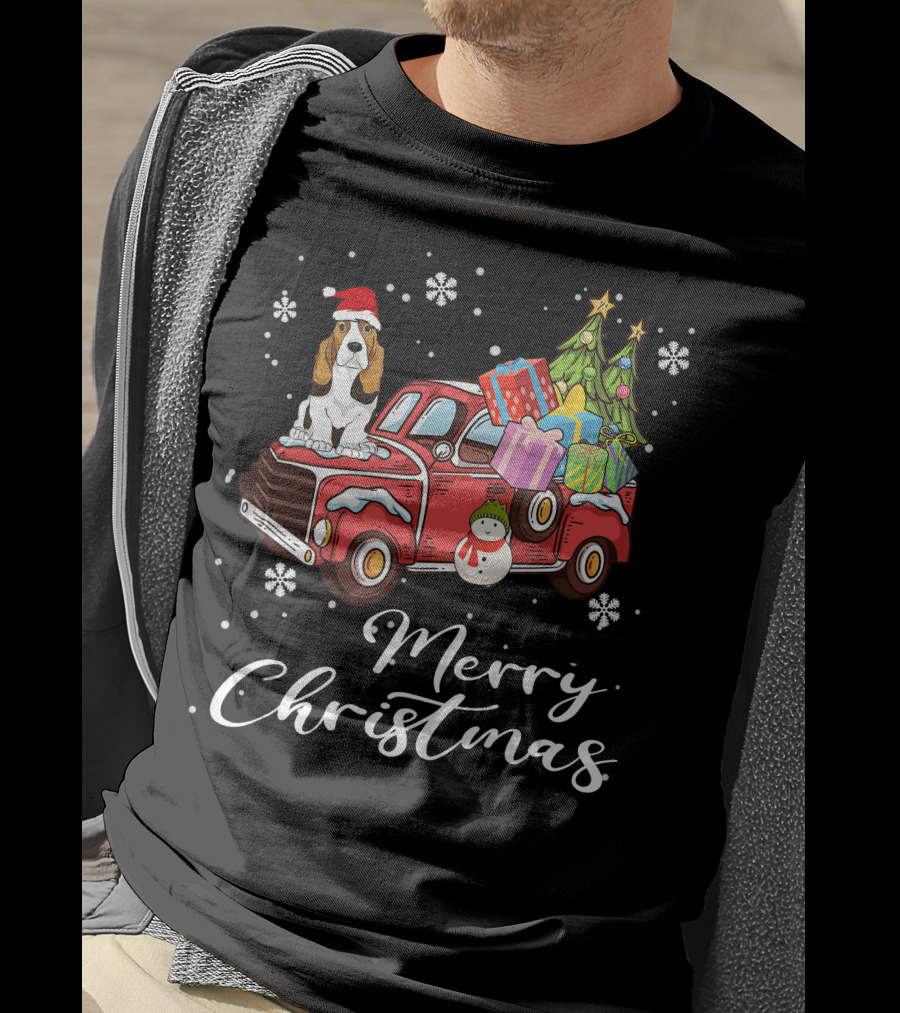 Basset Hound With Gifts And Snowman On Red Truck Merry Christmas T-Shirt