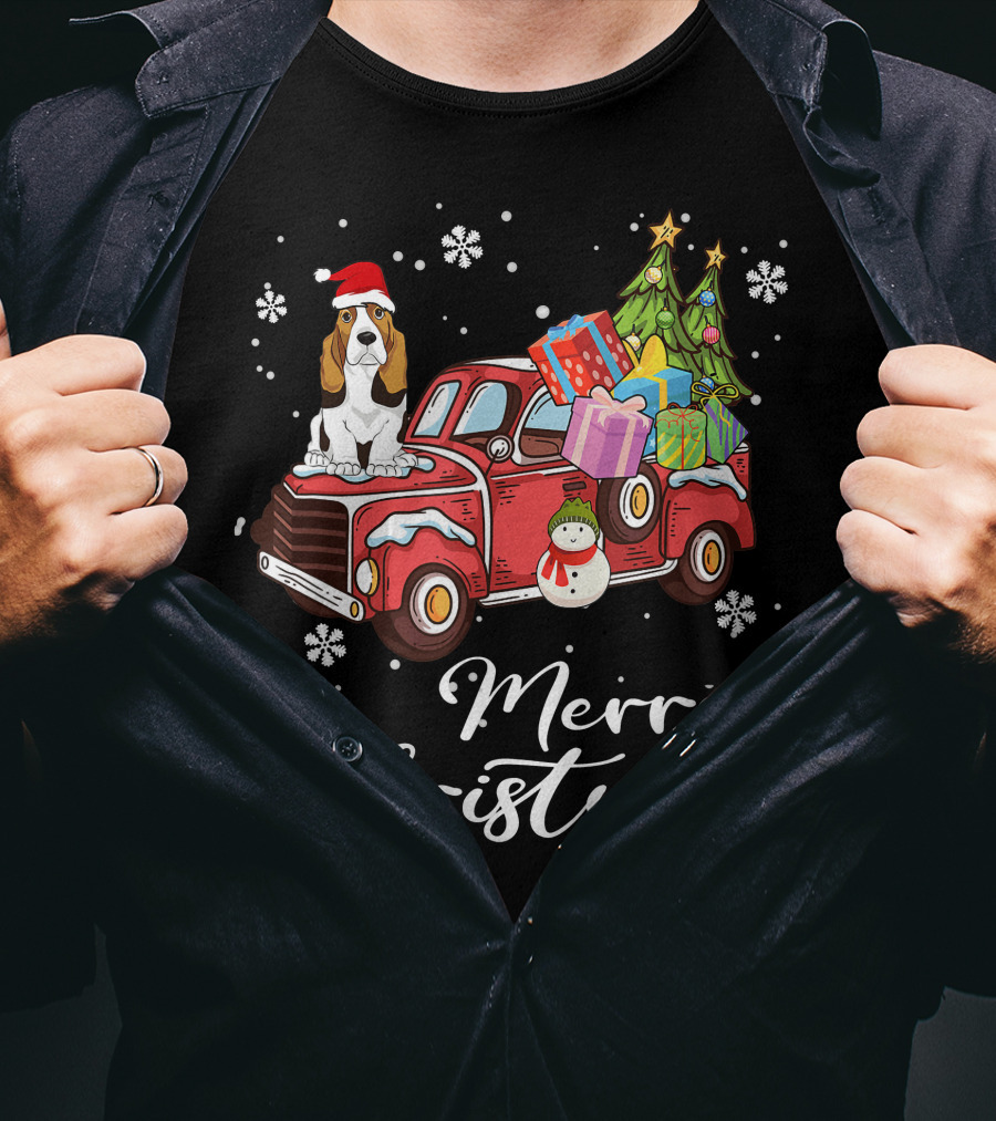 Basset Hound With Gifts And Snowman On Red Truck Merry Christmas T-Shirt