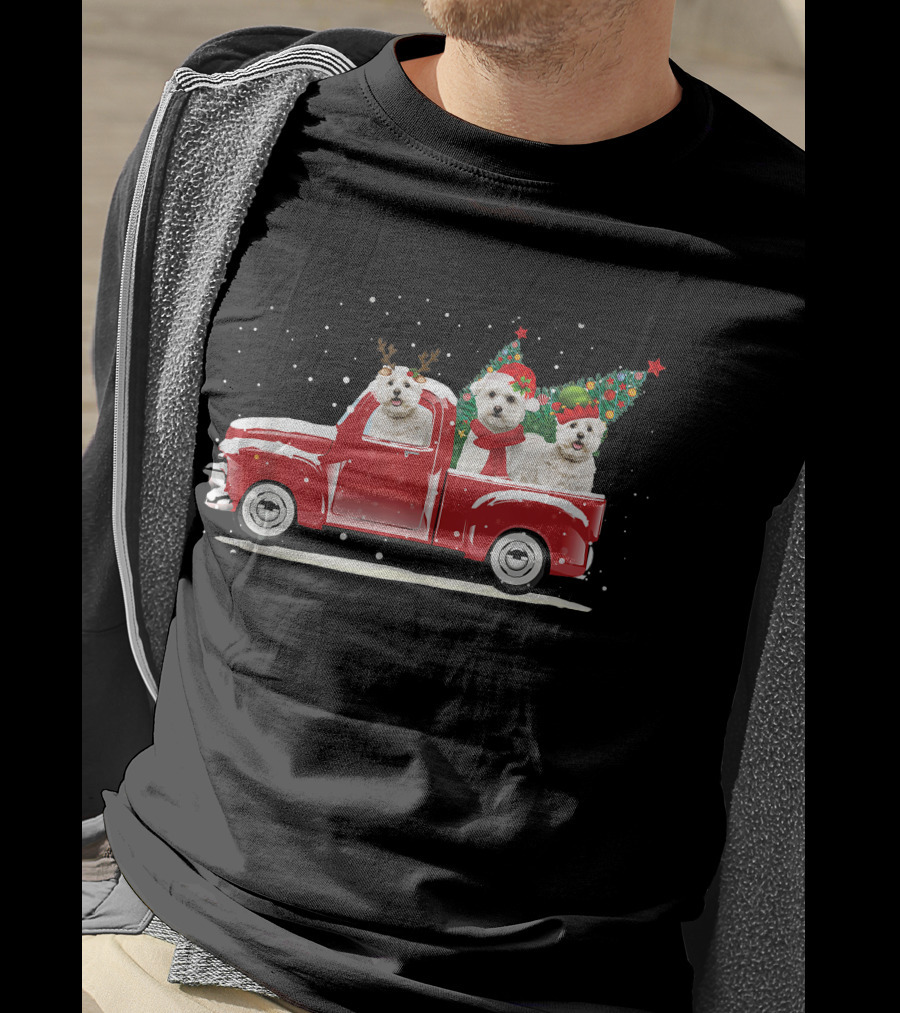 Bichon Frise Reindeer And Santa Christmas Truck With Trees T-Shirt