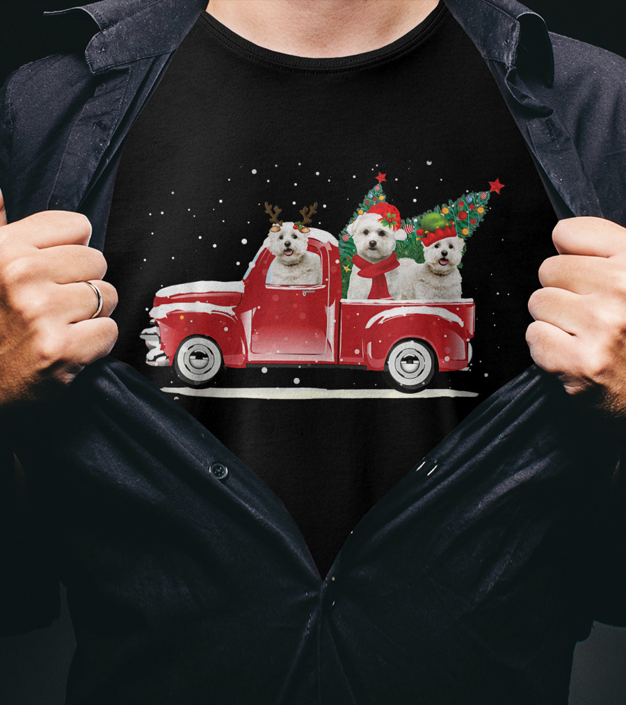 Bichon Frise Reindeer And Santa Christmas Truck With Trees T-Shirt