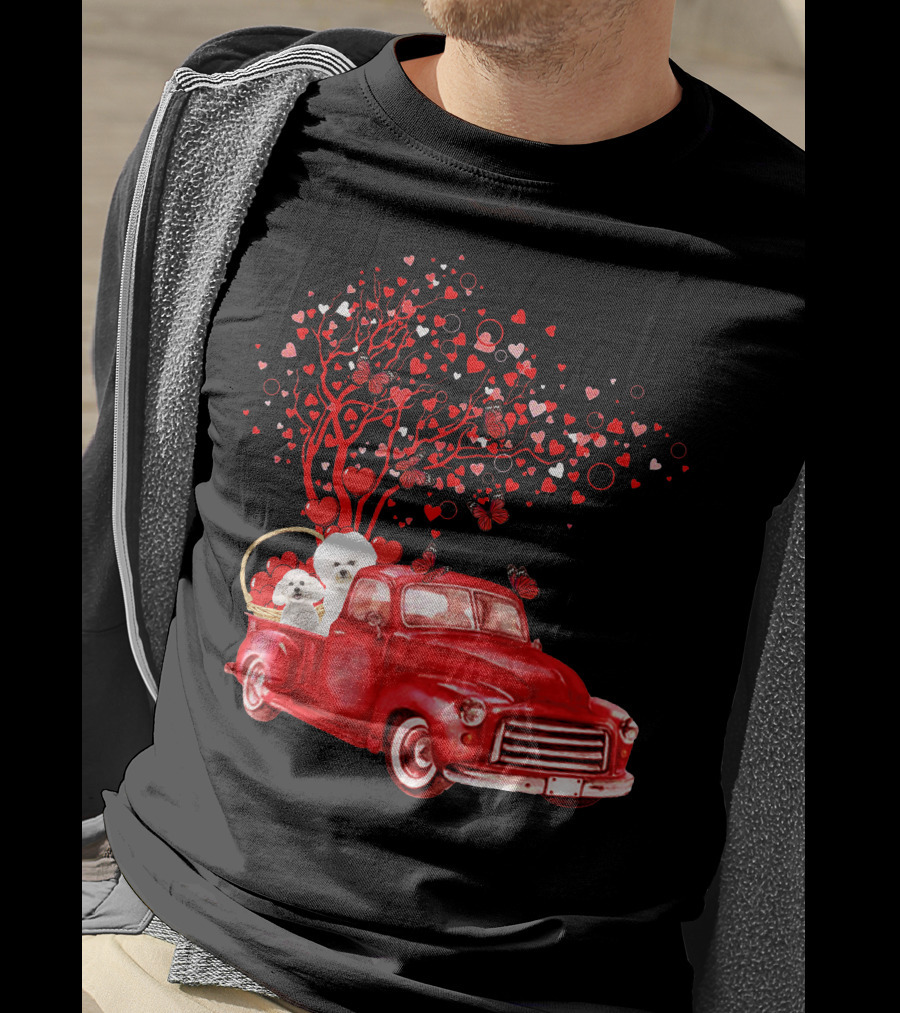 Bichon Frise Valentine Red Truck With Heart Tree And Butterflies T-Shirt