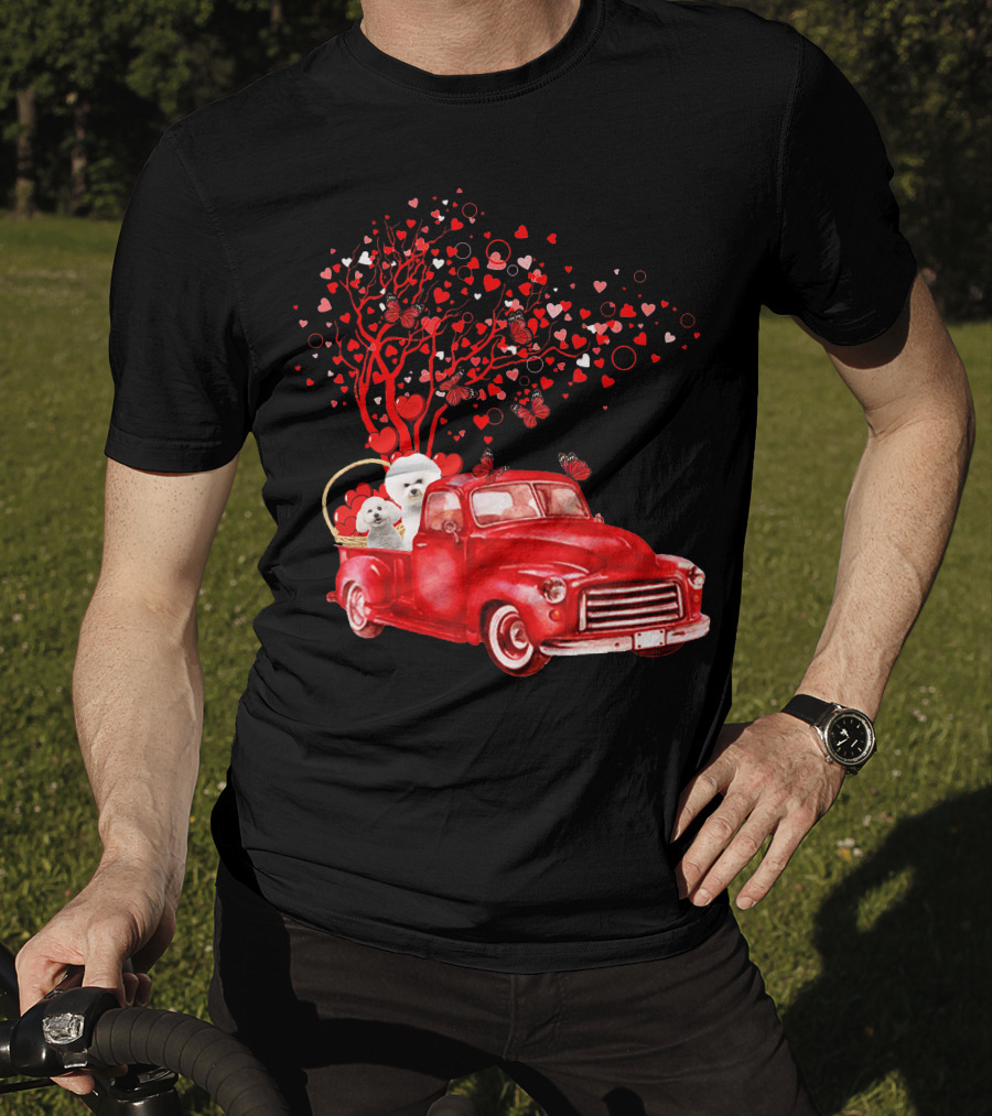Bichon Frise Valentine Red Truck With Heart Tree And Butterflies T-Shirt