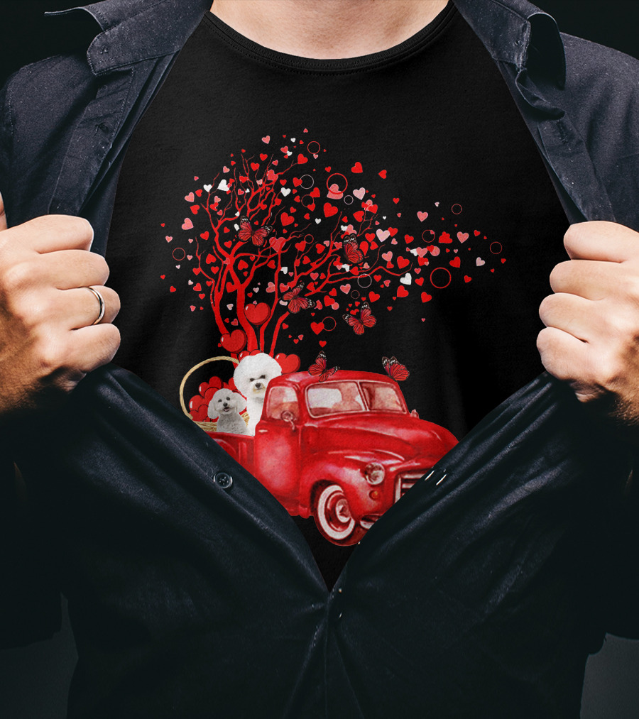 Bichon Frise Valentine Red Truck With Heart Tree And Butterflies T-Shirt
