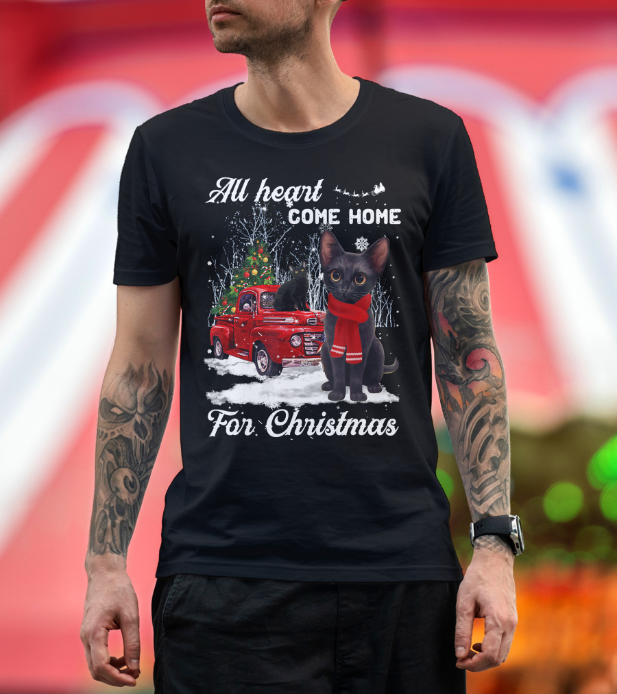All Heart Come Home For Christmas Black Cat Truck Ornaments Santa Lover T-Shirt