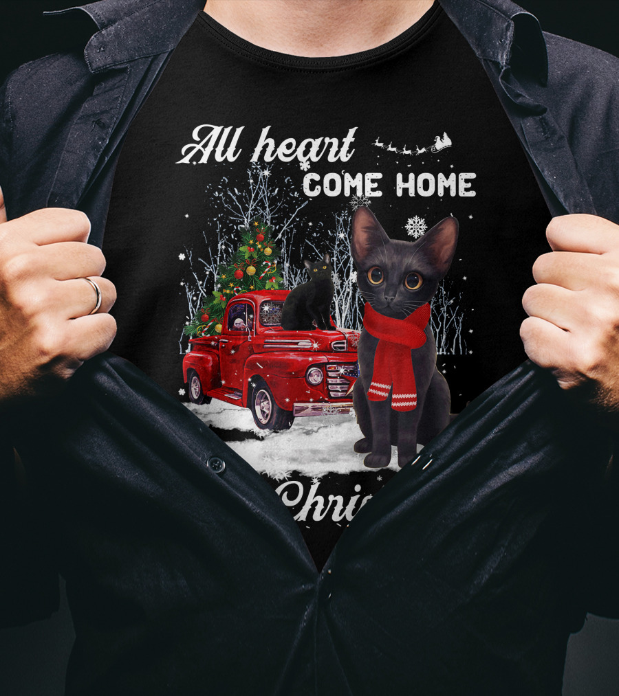 All Heart Come Home For Christmas Black Cat Truck Ornaments Santa Lover T-Shirt