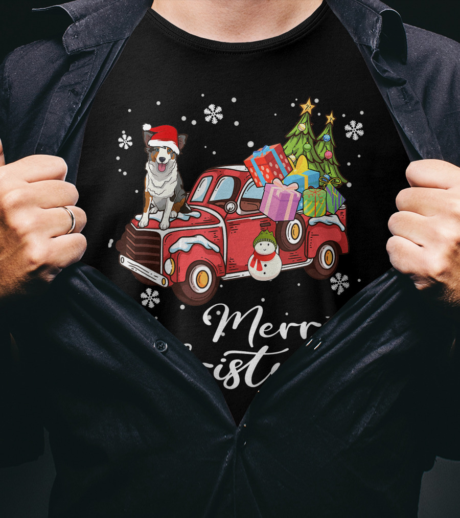 Border Collie On Red Truck With Gifts Snowflakes And Merry Christmas Text T-Shirt