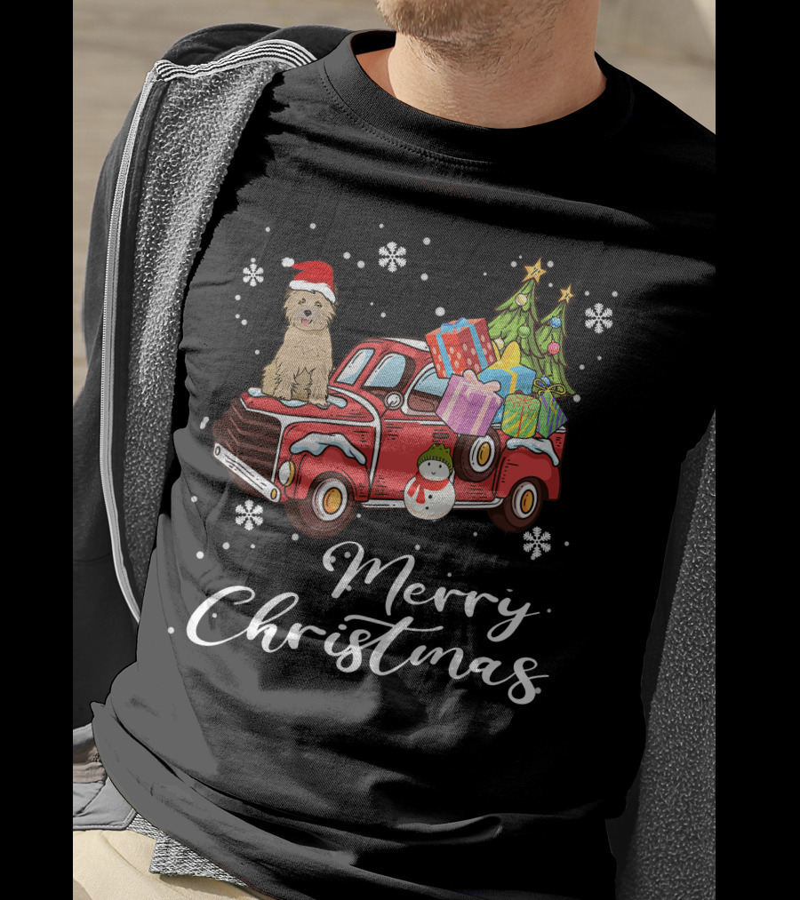 Cairn Terrier Riding Red Truck Merry Christmas Snowflakes Presents Tree Snowman T-Shirt