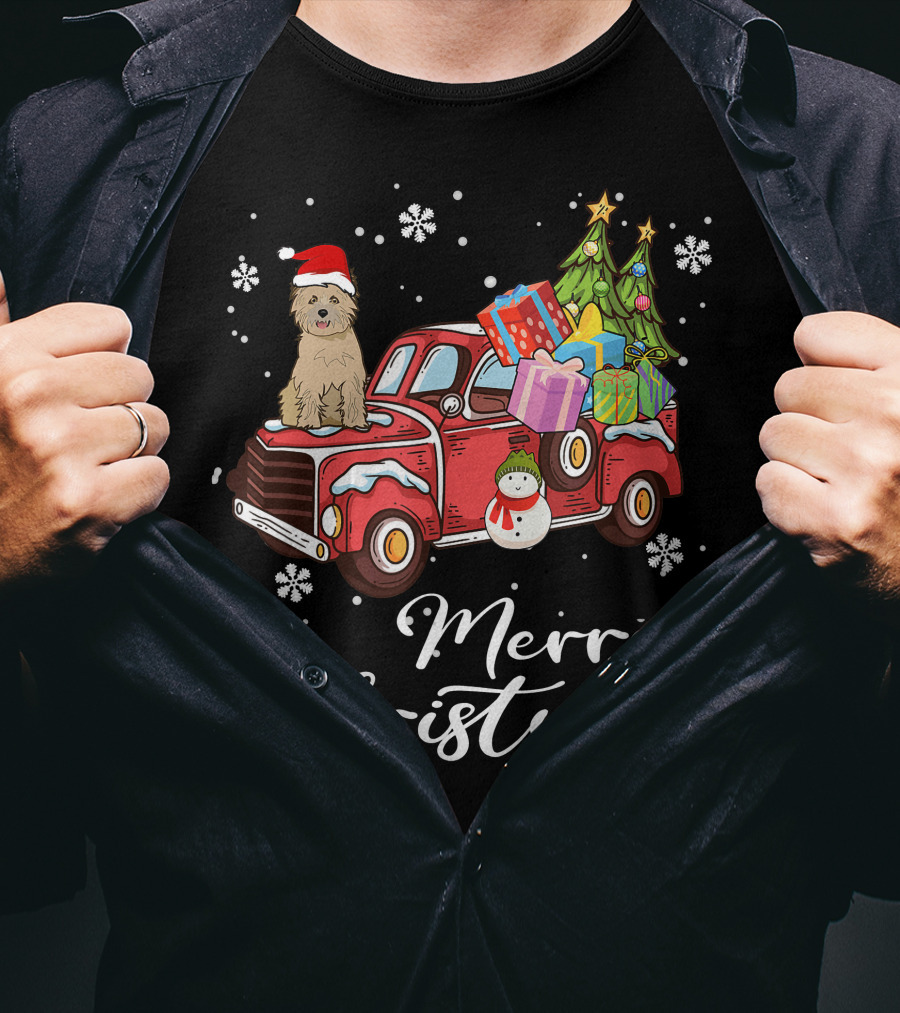 Cairn Terrier Riding Red Truck Merry Christmas Snowflakes Presents Tree Snowman T-Shirt