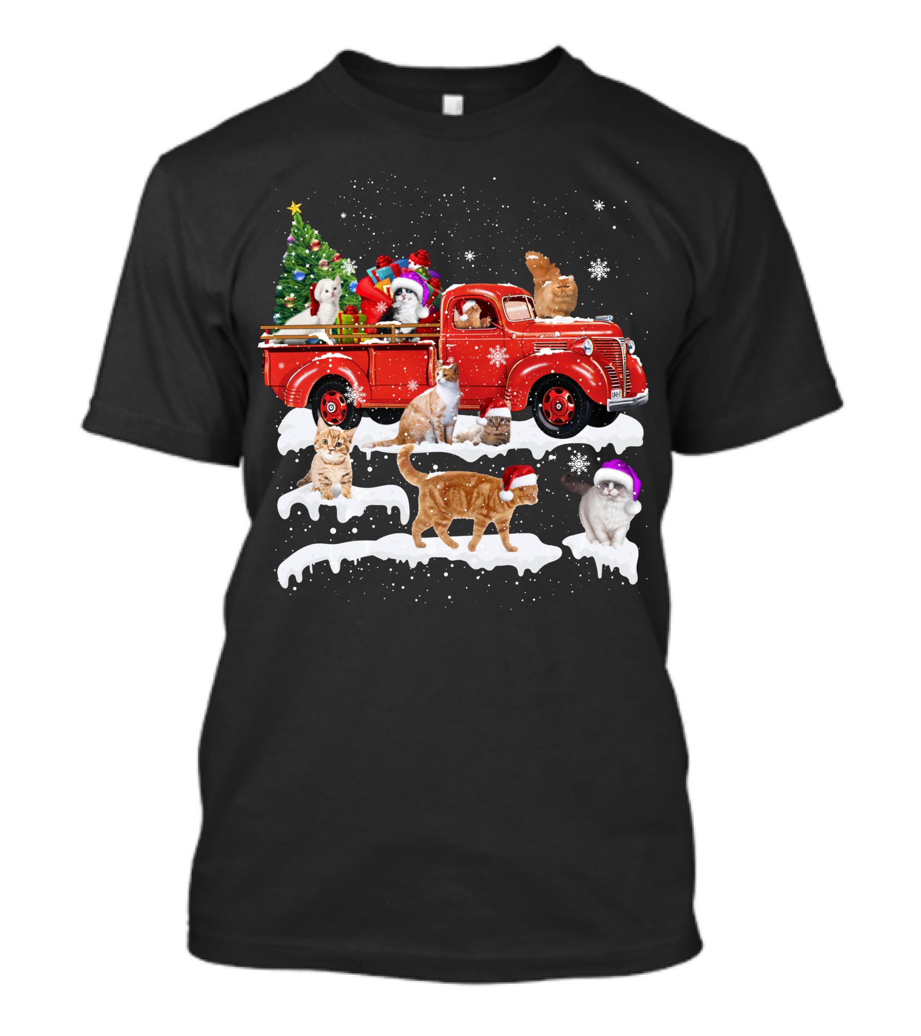 Merry Christmas Cat Riding Red Truck With Kittens And X Mas Tree T-Shirt