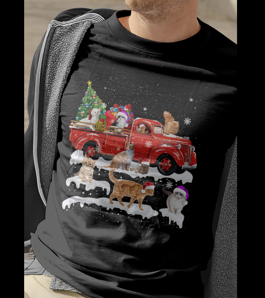 Merry Christmas Cat Riding Red Truck With Kittens And X Mas Tree T-Shirt