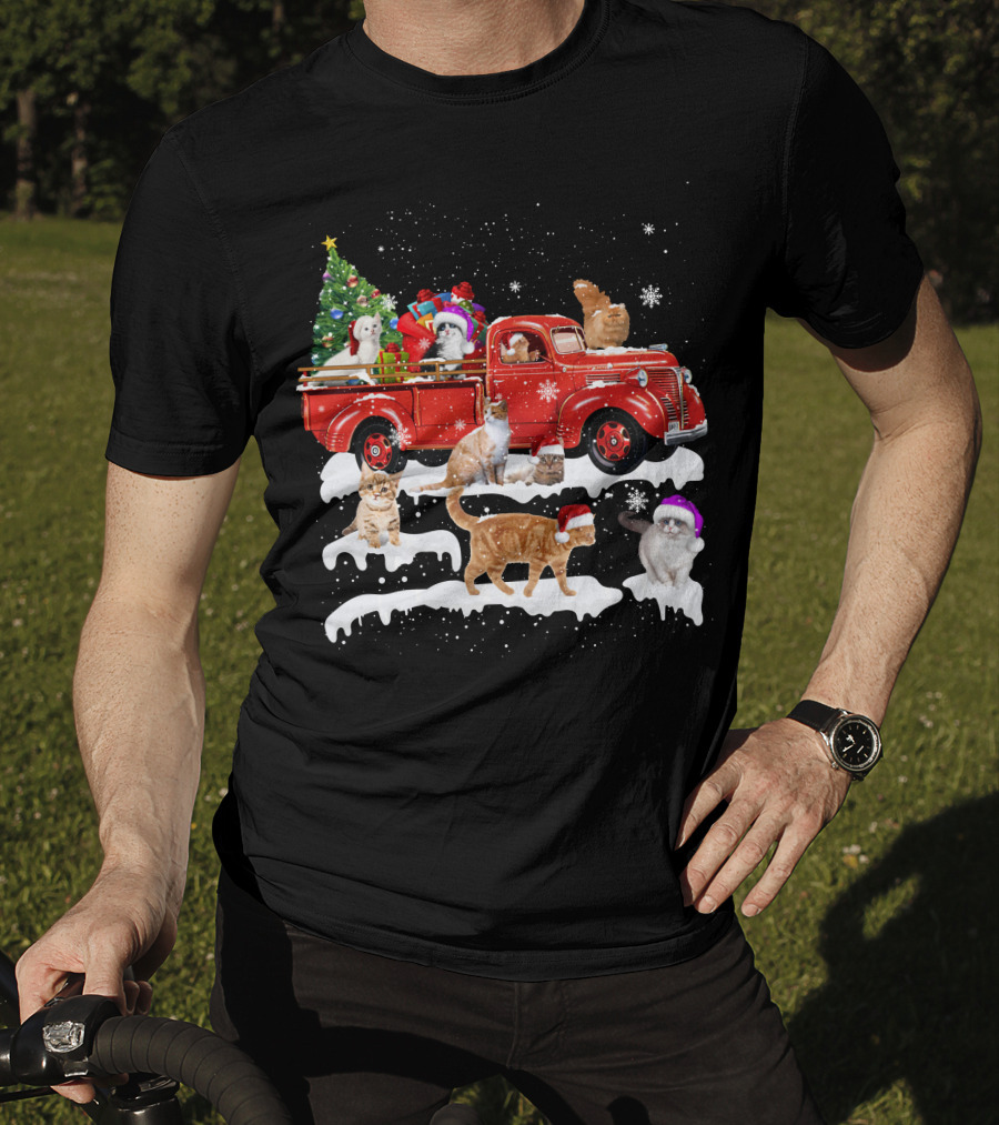 Merry Christmas Cat Riding Red Truck With Kittens And X Mas Tree T-Shirt