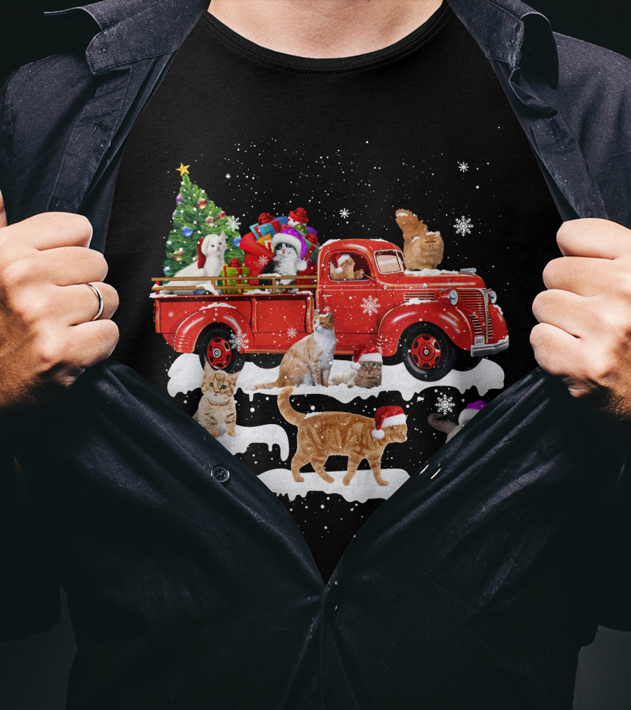 Merry Christmas Cat Riding Red Truck With Kittens And X Mas Tree T-Shirt