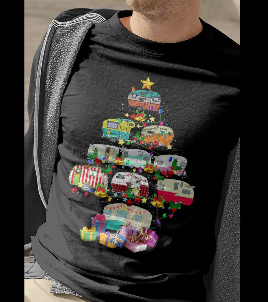 Christmas Camping Lover X Mas Camper Tree With Trucks And Gifts T-Shirt
