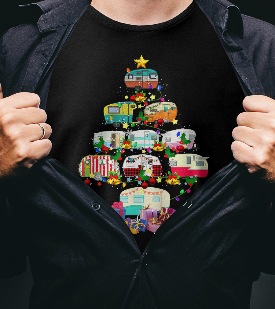 Christmas Camping Lover X Mas Camper Tree With Trucks And Gifts T-Shirt