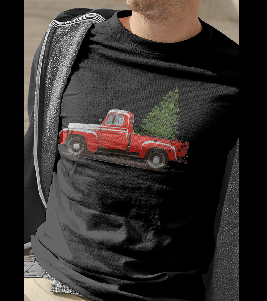 Classic Red Pickup Truck With Christmas Tree T-Shirt
