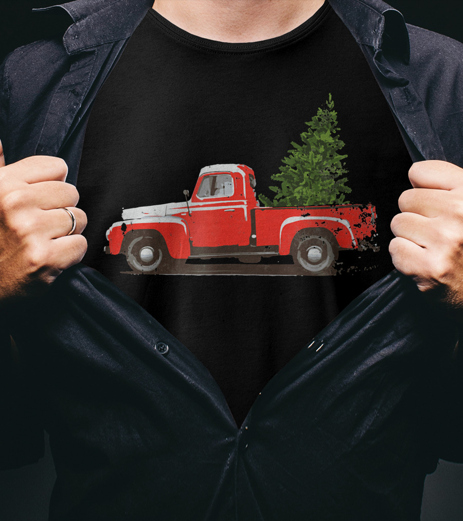 Classic Red Pickup Truck With Christmas Tree T-Shirt