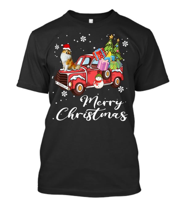 Merry Christmas Collie On Red Truck With Gifts And Snowman T-Shirt