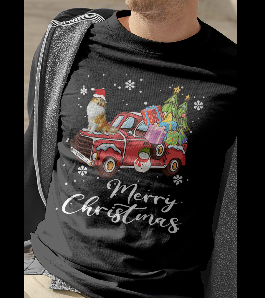 Merry Christmas Collie On Red Truck With Gifts And Snowman T-Shirt
