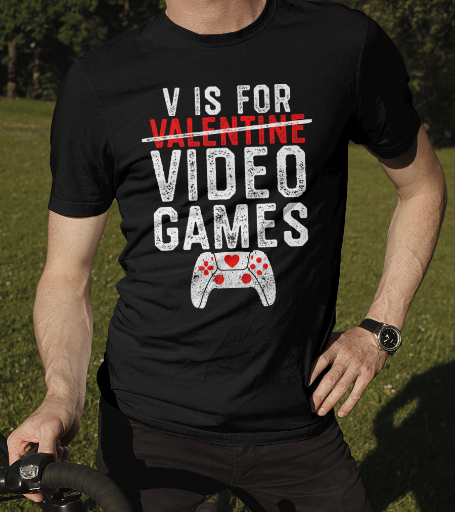 V Is For Video Games Valentine's Day Gamer Controller Heart T-Shirt